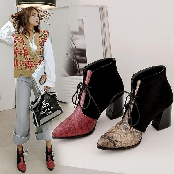 

boots ins women ankle plus size 22-28cm snake flock stitching high heel europe and america fashion female+shoes, Black