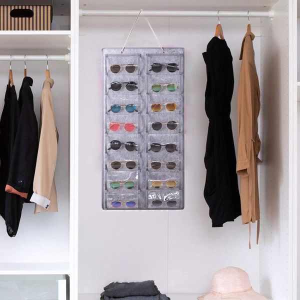 

storage bags sunglasses organizer 15/25 gird hanging wall glasses holder dust proof home display pocket stand bag