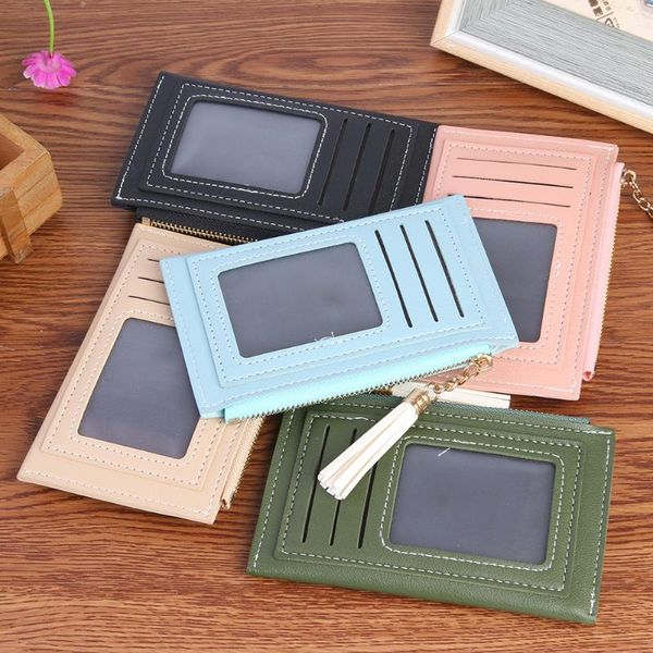 

card holders female tassels solid wallet mini zipper purse holder bag multi-slot clutch key coin pouches, Brown;gray