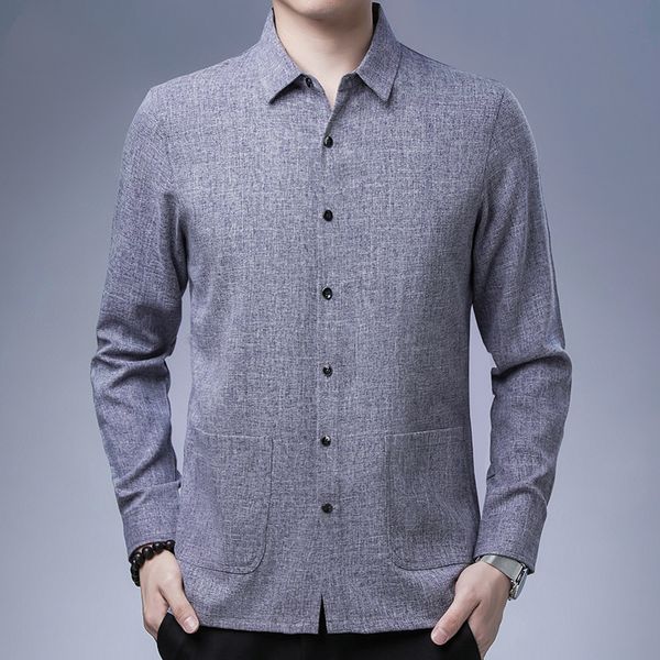 

middle aged long sleeved middle-aged and elderly dad cotton linen loose casual shirt men's non iron linen shirt men's, Black