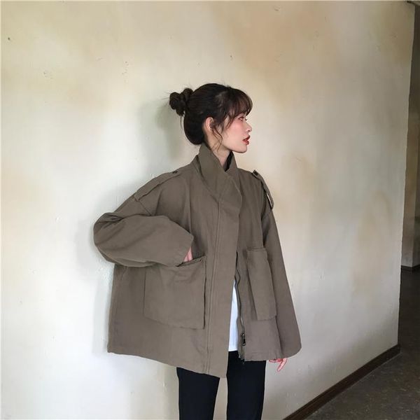 

outerwear style 2021 solid all-match stand cute casual streetwear female regular loose women coat women's jackets, Black;brown