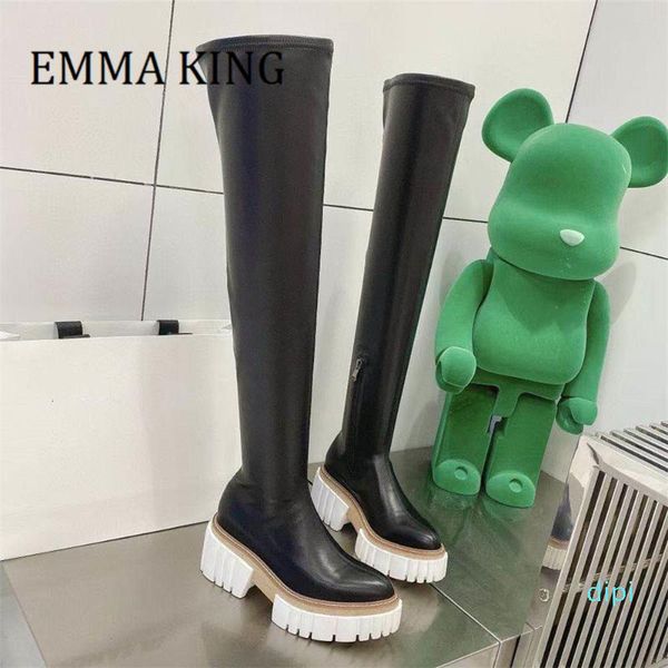 

boots women chunky platform thigh-high faux leather side zip over the knee casual riding round toe long woman, Black