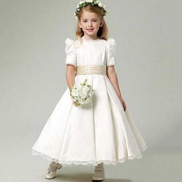 

girl's dresses j23 ivory cute kids flower girl dresses/baby gowns o-neck tea-length satin children pleats bow buttons skirt, Red;yellow