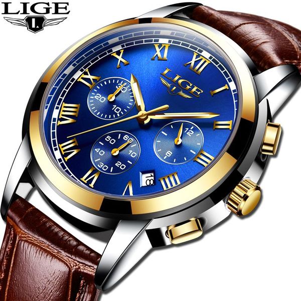 

wristwatches lige watches men sports waterproof date analogue quartz men's chronograph business for relogio masculino+box, Slivery;brown