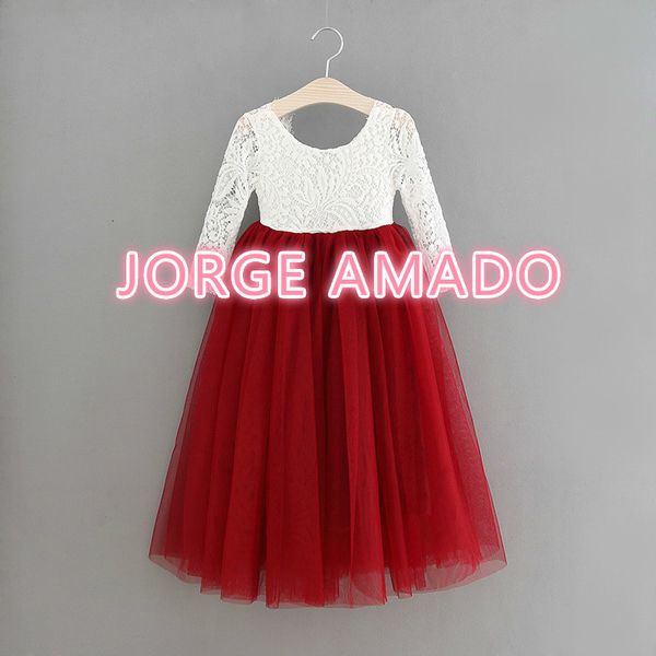 

girl's dresses retail girl princess mid calf length wedding party eyelash back white lace beach children clothing e15177 j10l, Red;yellow