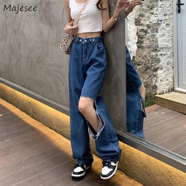 

women's jeans women ripped streetwear fashion hole vintage button ladies all-match bf chic ulzzang high waist trouser full-length femal, Blue