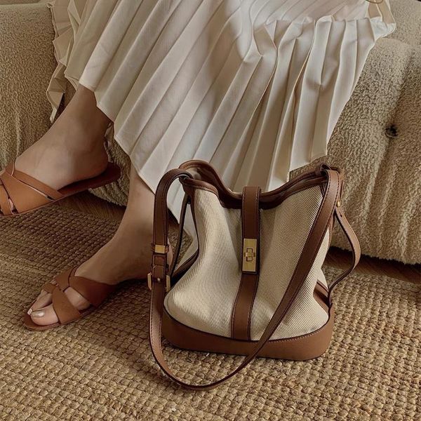 

evening bags canvas shoulder messenger bag large capacity bucket hit color fashion women