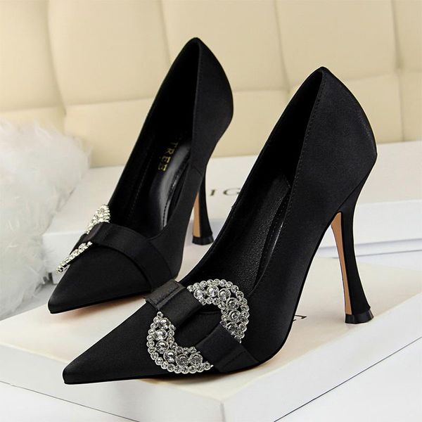 

crystal button women's pumps shoes on heels super high ladies wedding silk stiletto elegant party dress, Black