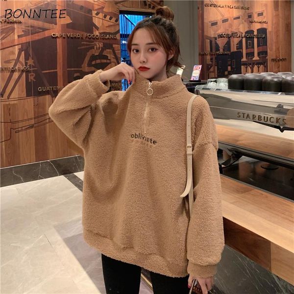 

women's hoodies & sweatshirts no hat women letter embroidery chic lambswool fashion zipper korean style womens casual vintage, Black