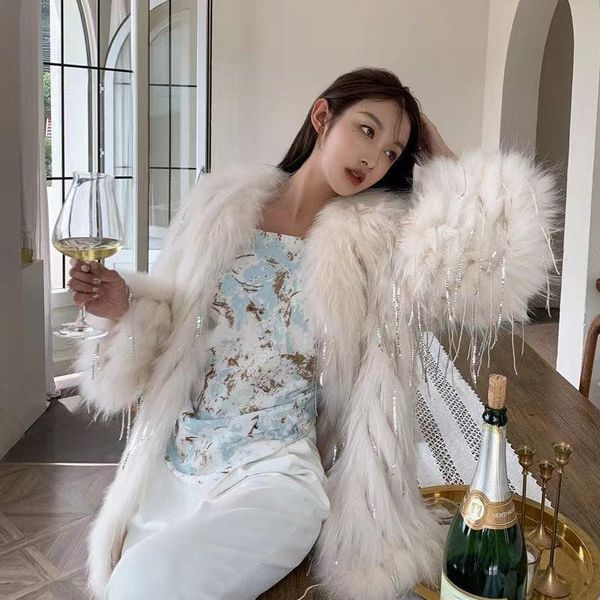 

women's fur & faux winter tassel the raccoon imitation overcoat 2021, Black