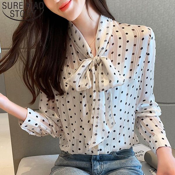 

fashion 2021 elegant loose women blouses casual bow polka dot long sleeve v-neck chiffon clothing 5690 50 women's & shirts, White