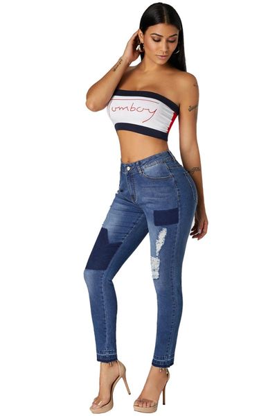 

women's jeans long pants autumn winter basic high waisted trousers for women skinny pencil s  l xl xxl individual patched ripped 78603, Blue