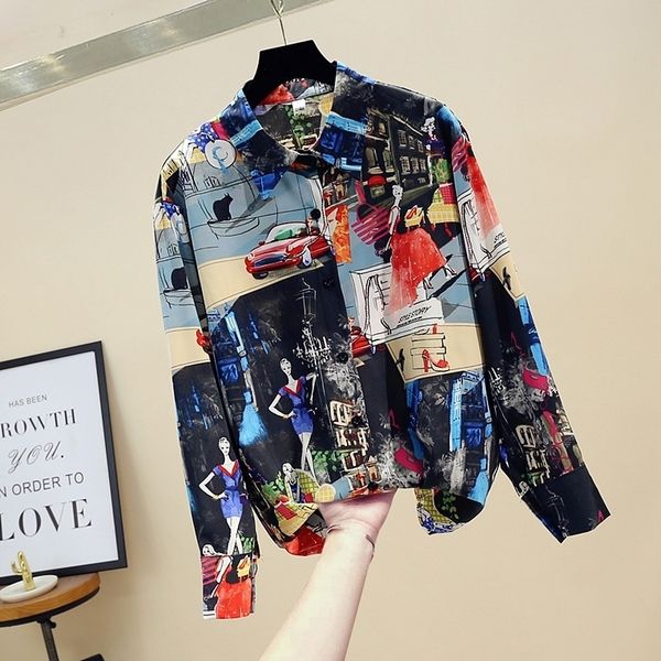 

spring autumn women's turn-down collar shirt korean retro fashion loose print shirt long sleeve shirt women blouses gd442 210317, White