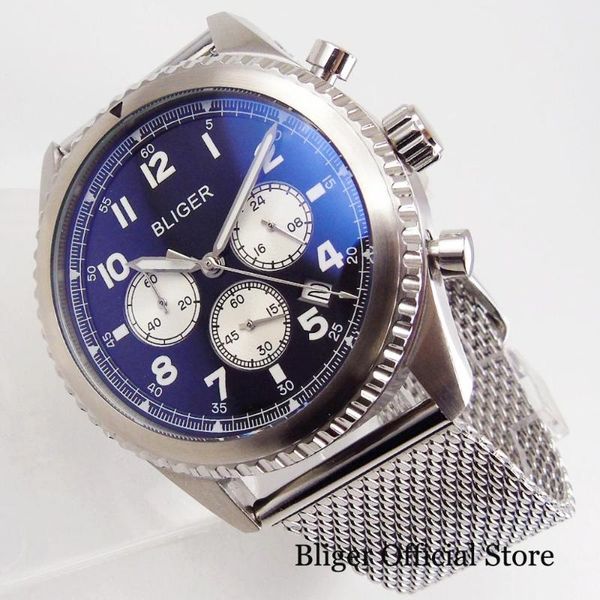 

wristwatches bliger brand arrival 45mm quartz men watch date 24 hours function mental band dark blue dial, Slivery;brown