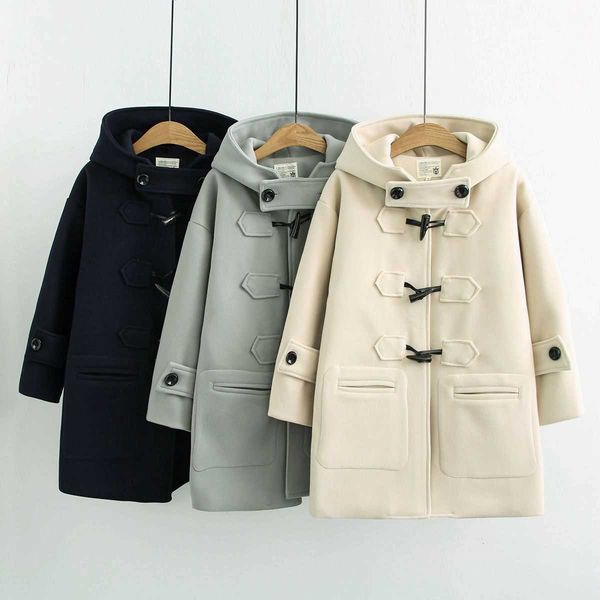 

cow horn buckles coats women autumn and winter long woolen coat hooded student small coat 210930, Black