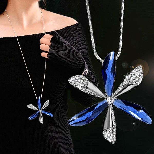 

pendant necklaces collier femme long gray blue crystal & pendants for women statement necklace maxi colar chain fashion jewelry, Silver
