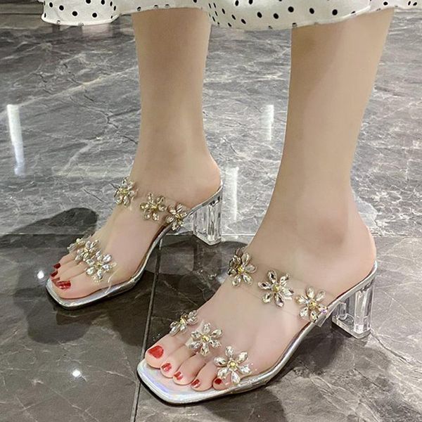 

slippers vogue crystal flowers high heels sandals women summer transparent pvc female clear heeled rhinestone party slides, Black