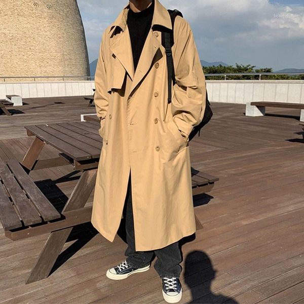 

men's trench coats autumn 2021 windbreaker korean trend loose handsome knee coat british style double breasted cloth, Tan;black