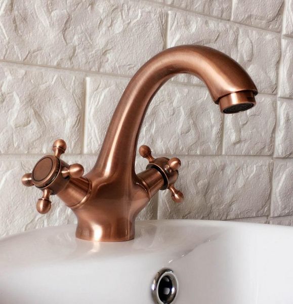 

antique red copper brass single hole deck mounted double handles bathroom vessel basin sink faucet mixer water taps mnf390 faucets