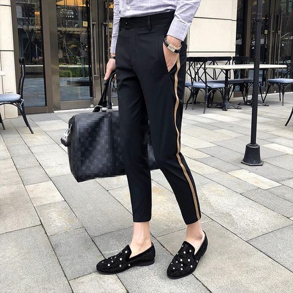 

side tape dress business women pants casual office trousers ment ankle length pantalon homme slim fit men social trouser, Black