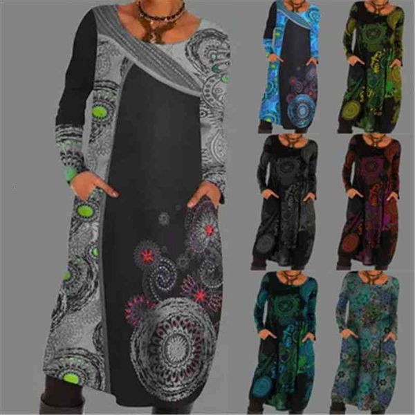 

vintage elegant boho print color women dresses block round neckline shift long sleeve pocket dress vestidos longos de verao, Black;gray