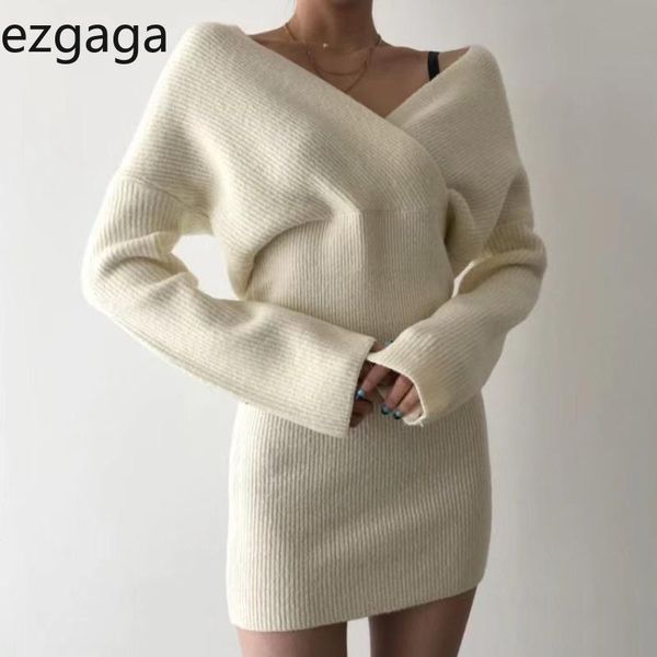 

ezgaga elegant chic women knit sweater dress v-neck criss-cross off shoulder ladies bodycon solid vestidos casual dresses, Black;gray