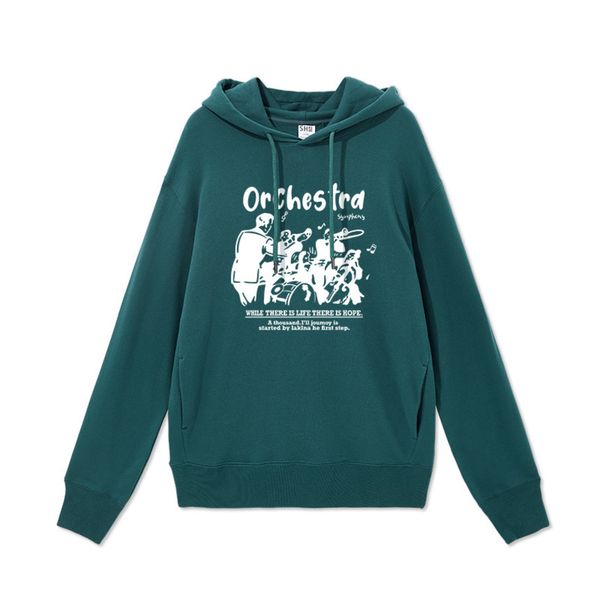 

cartoon creative pattern orchtra printed hoodie men's casual loose long sve 350g cotton shirt, Black