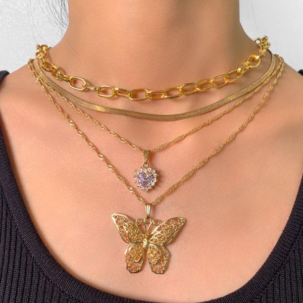 

chains flatfoosie multi layer butterfly heart crystal pendant necklace for women gold color metal snake chain boho jewelry, Silver