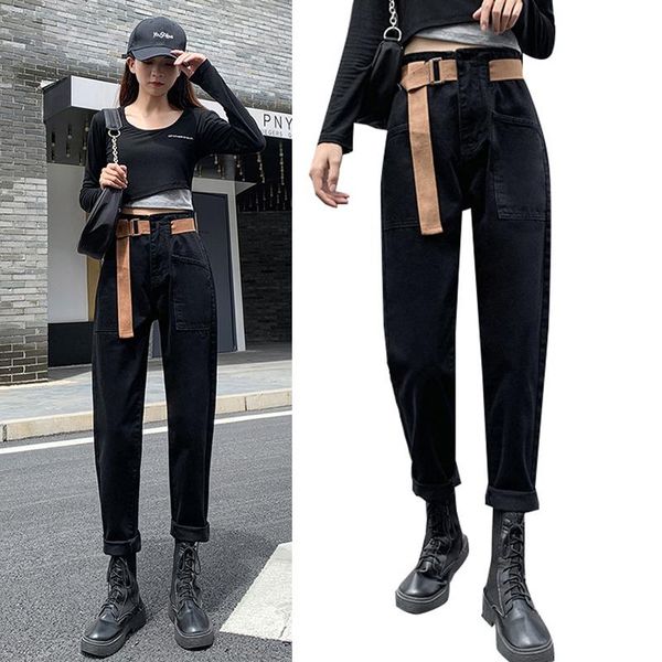 

women's jeans winter thick solid color black trousers high waist temperament cotton dark all-match slim, Blue
