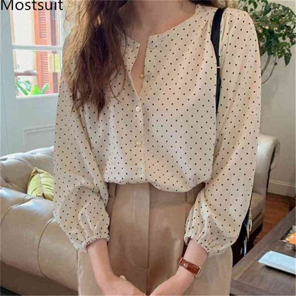 Autunno Coreano Dot Stampato Camicie da donna Camicette Lanterna Manica con scollo a V Abbigliamento da lavoro casual Moda Top Blusas Mujer Nero Bianco 210513