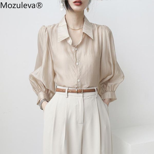 

women's blouses & shirts mozuleva 2021 spring summer lapel single-breasted women office ladies casual lantern sleeve loose elegant, White