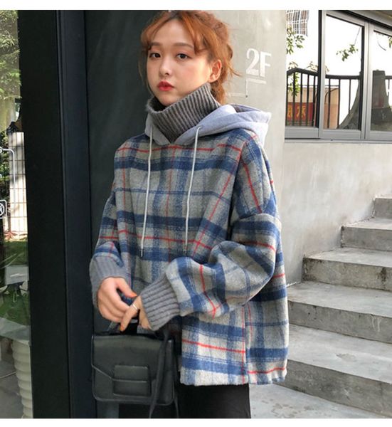 

fake two hooded sweaters women's plush thickened autumn winter loose korean version versatile knitted high neck lazy style, Blue;black