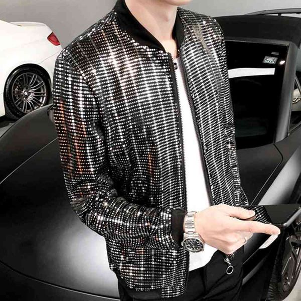 

men shiny sequins long sve zip pocket nightclub singer et slim type coat, Black