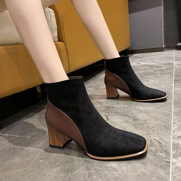 

boots breathable female shoes winter warm 2021 women ankle faux suede high heels ladies short concise square toe, Black