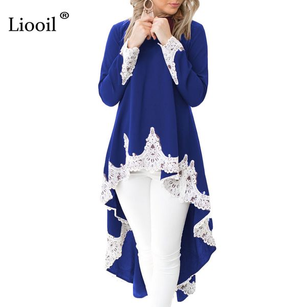 

t shirts black lace long autumn winter women shirt woven dovetail hem blusa o neck asymmetrical casual loose womens 8ia6, White