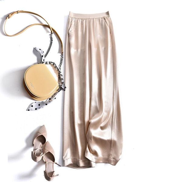 

summer thin casual satin wide leg pants women korean high waist ankle length straight trousers fashion elastic drape women's & capris, Black;white