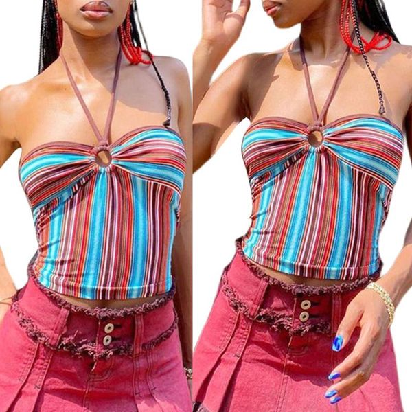 

women's tanks & camis summer women halter cami bohemian sleeveless stripes print ring front slim fit camisole, White