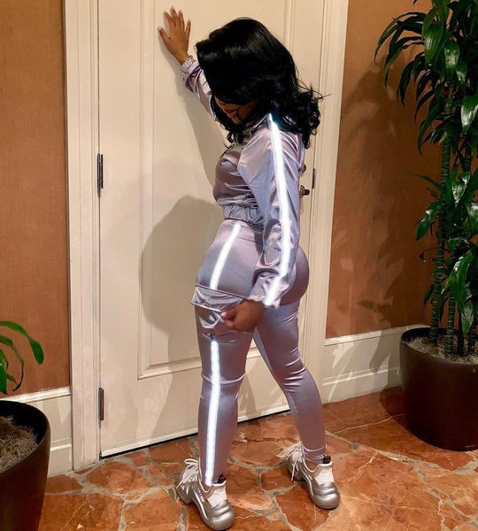 

short sleeve reflective strip women tracksuits patchwork 2 piece set tracksuit jacket pants jogging femme sportwear matching two, Gray