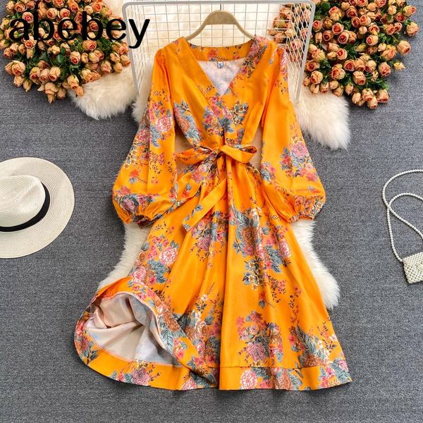 

casual dresses 2021 spring autumn vintage v-neck long sleeve dress high waist bandage print mid-length a-line big skirt, Black;gray