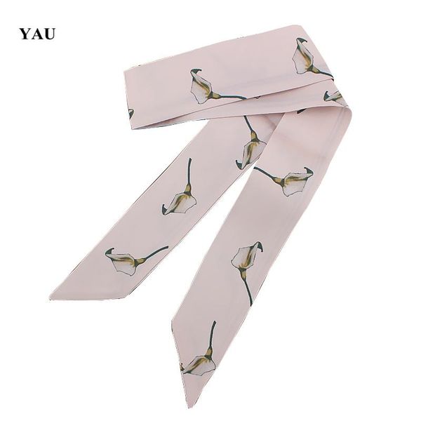 

scarves brand 95cm*5cm floral calla lily printed bag small scarf women twill silk headband long accessories ribbon, Blue;gray