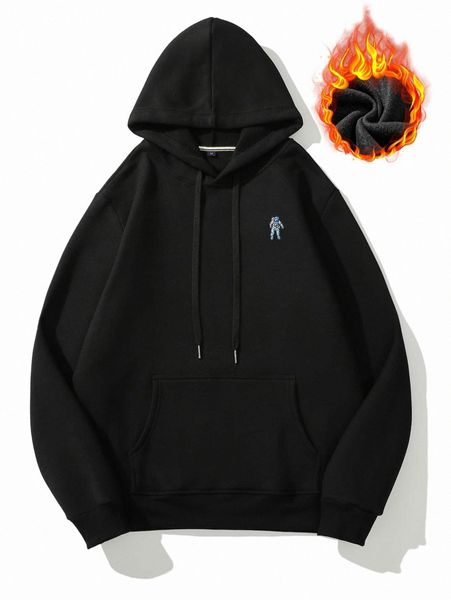 

men astronaut print thermal drawstring hoodie 50cv#, Black