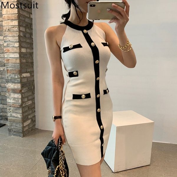 

summer elegant korean knitted mini dress women sleeveless o-neck single-breasted slim pencil fashion dresses vestidos 210518, Black;gray