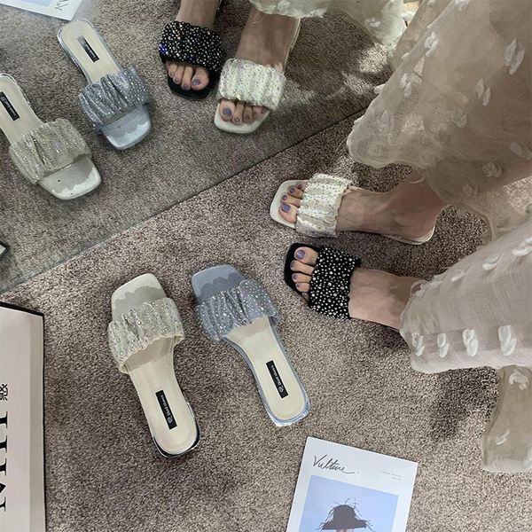

slippers shoes woman 2021 casual lady low shale female beach luxury girl soft summer sabot slides pleated pu basic square heel r, Black