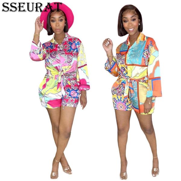 

women's tracksuits sseurat women set print full sleeve single breasted shirts shorts two 2 piece sets tracksuit summer outfits, Gray