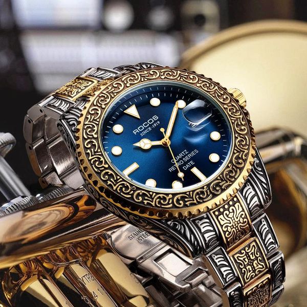 

wristwatches 2021 rocos men's watches luxury men wrist tungsten steel chronograph waterproof sport luminescence quartz watch, Slivery;brown