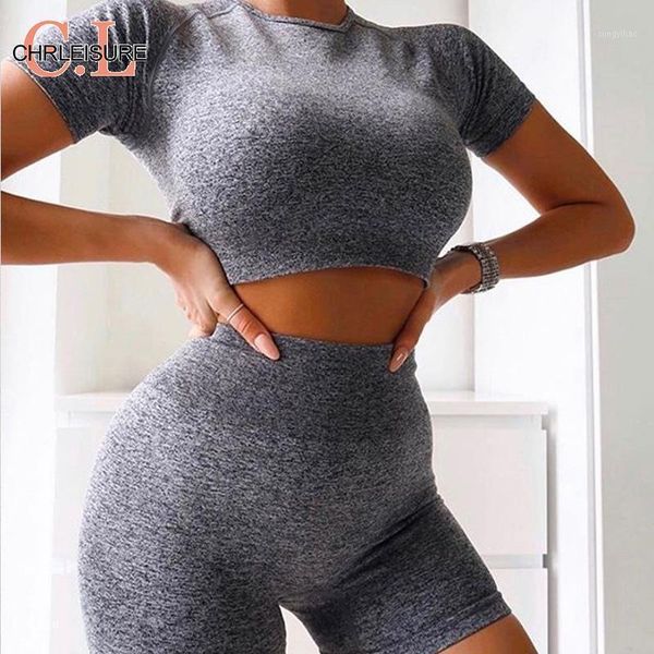 

piece set sporty active wear matching sets women short sleeve workout solid 2 outfits basic crop and shorts women's tracksuits, Gray