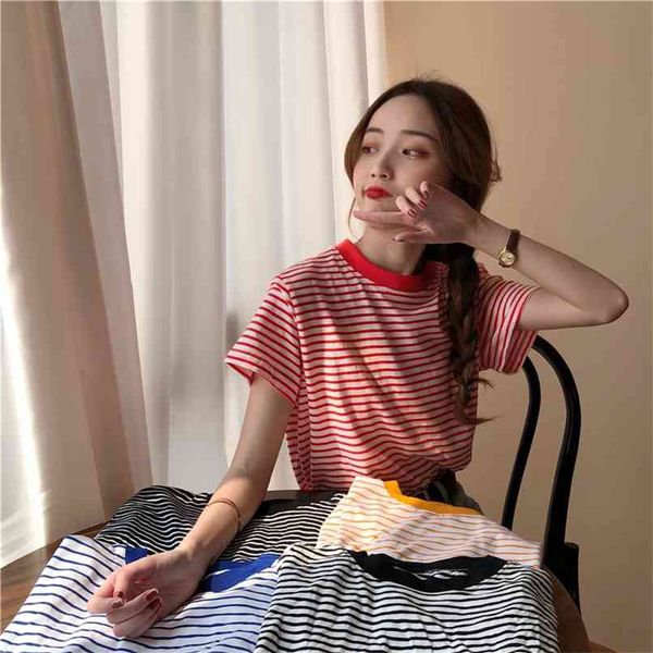 

classic striped vintage short sleeve college wind fashion basic sweet o-neck women female t-shirts 210708, White