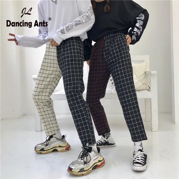 

women's pants & capris woman colorblock patchwork plaid trousers harajuku elastic waist ankle-length, Black;white