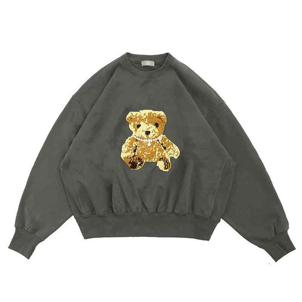 

men's t-shirts autumn and winter fashion brand three-dimensional pearl necklace embroidered bear round neck loose long sleeve sweater m, White;black