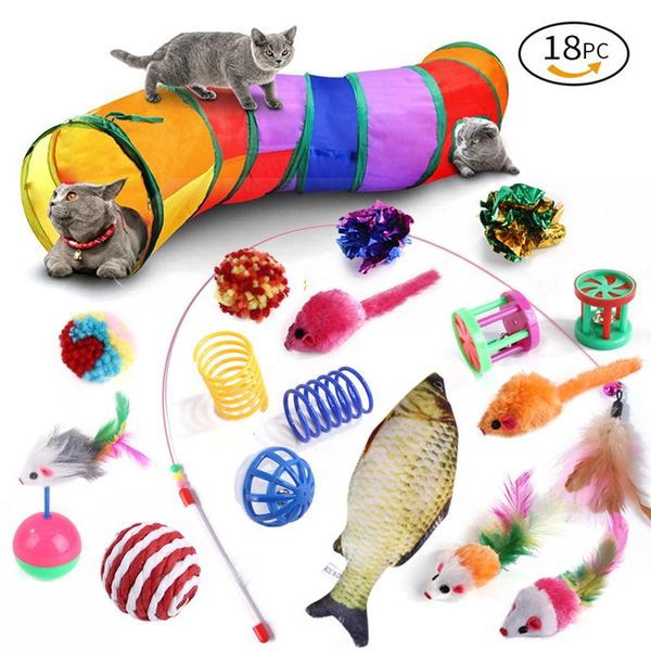

cat toys 18 pcs toy interactive kit collapsible tunnel indoor kitten teaser wand mice & ball pet teeth clean fun channel catnip fish